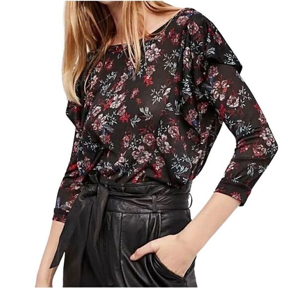 Free People dock street knit blouse black floral print size L - Picture 1 of 15